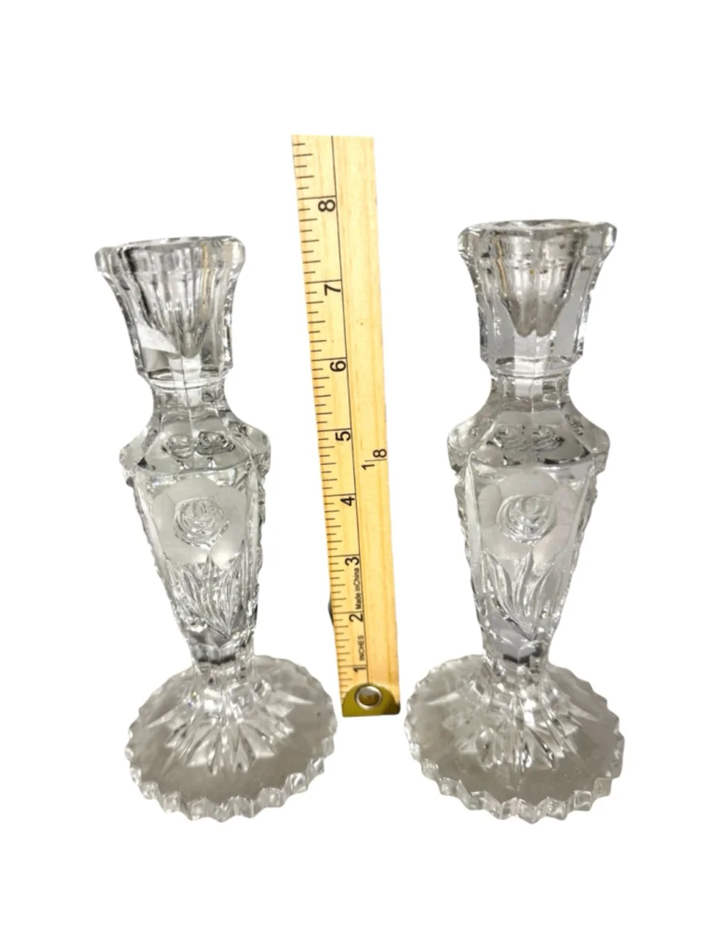 2 Clear Glass Single Candlestick Holders One Size Frosted Rose Ornate flower